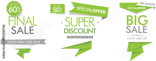 Sale banners with green and grey text on white background
