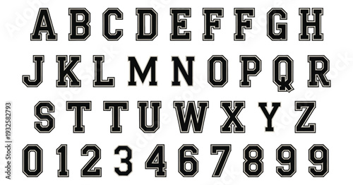 varsity font vector alphabet featuring bold collegiate lettering with athletic style for sports typography, team logos, school emblems, apparel prints, and retro graphics, classic university typeface 