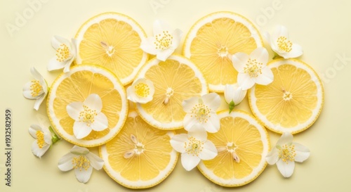 A still life arrangement of lemon slices and white flowers on a pale yellow background.