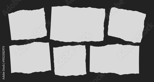 A collage of six torn, blank grey paper pieces with rough edges on a black background.