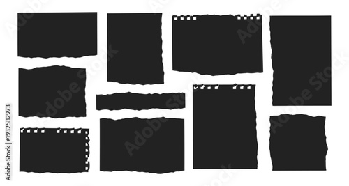 Versatile vector set of black torn and ripped paper frames, ideal for creative text placeholders, notes, banners, and design elements.