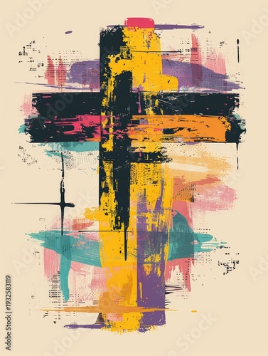 Colorful abstract painting of a bold textured cross in grunge style. Expressive modern artwork symbolizing faith, spirituality, and Easter celebration with vibrant layered brushstrokes