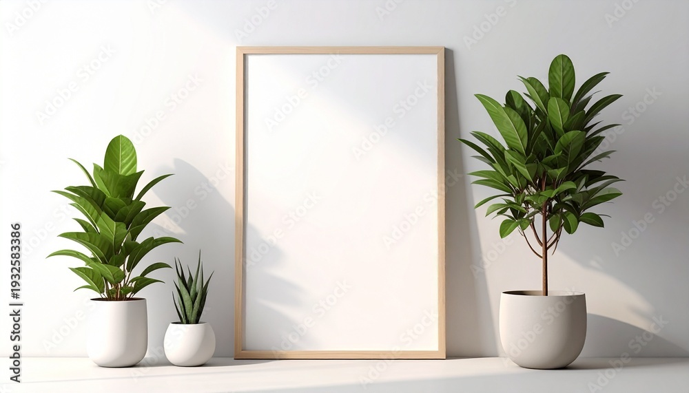 Fototapeta premium Minimalist frame mockup with plants against a white wall, casting shadows.