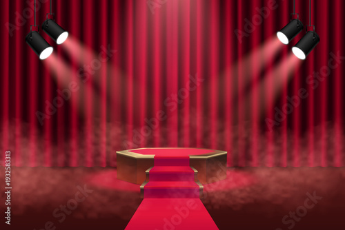 Red carpet leading to golden podium on stage