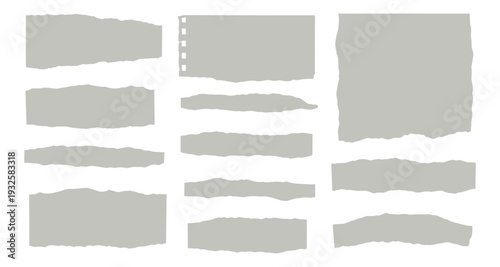 Versatile vector set of grey ripped paper pieces with rough, torn edges, including a notepad page and various strips, perfect for design elements.