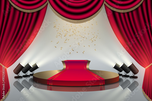 Red carpet stage with falling confetti and spotlights