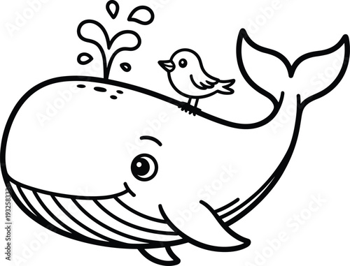Cute Whale with Tiny Bird Friend Spouting Water Coloring Page for Kids, Happy Marine Animal Friendship Line Art Illustration, Fun Printable Activity Sheet for Preschoolers, Digital Clipart