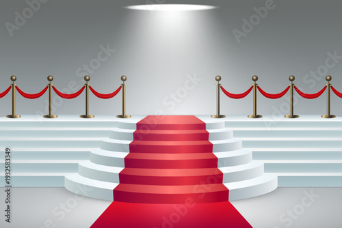 Red carpet stairs leading to spotlighted podium stage