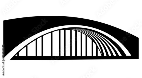 A simple black and white graphic of a bridge with a curved shape and vertical lines.
