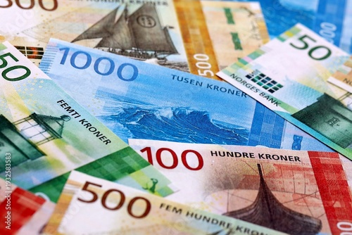 Obraz na plátně Norwegian krone money bills pile on table