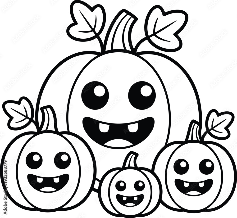 Obraz premium Cute Smiling Pumpkin Family Coloring Page for Kids, Halloween and Thanksgiving Harvest Season Line Art Illustration, Fun Autumn Activity Sheet, Printable Digital Drawing for Preschoolers