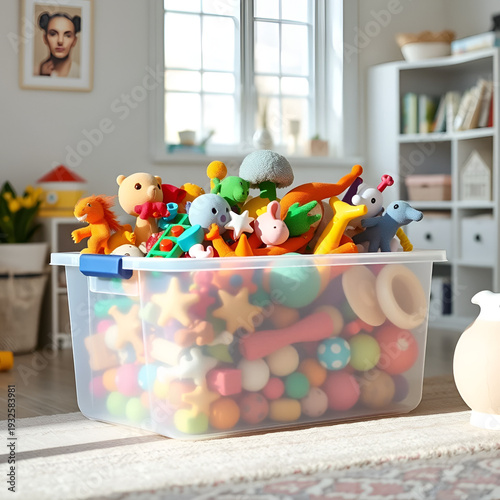 a big transparent storage box with neatly arranged toys in a bright tidy room.