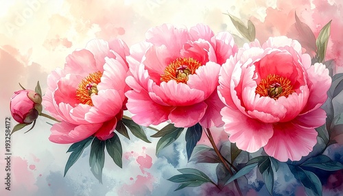 Pink Peonies in Full Bloom - A Watercolor Painting of Floral Beauty.