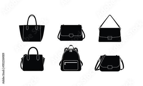 Collection of black silhouette handbags and backpack