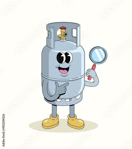 gas cylinder magnifying glass groovy cartoon illustration