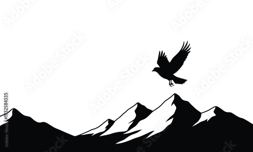 Eagle flying over mountain range silhouette for outdoor adventure art