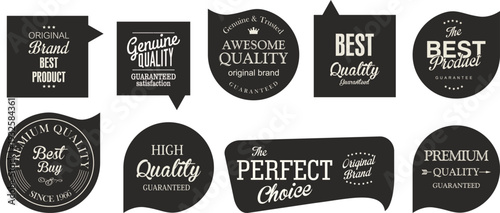 Collection of black and white quality labels and badges