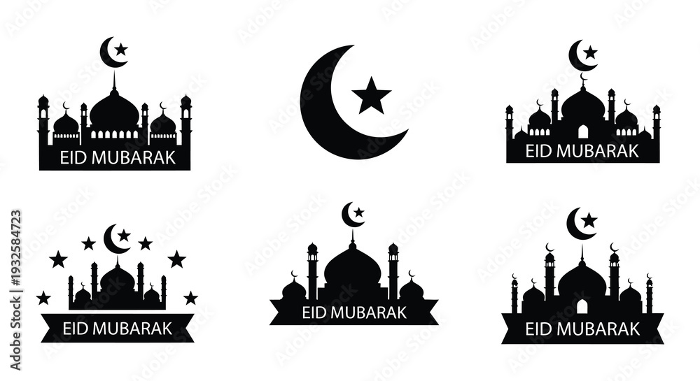 Obraz premium Islamic crescent moon stars and mosque silhouettes for eid celebrations