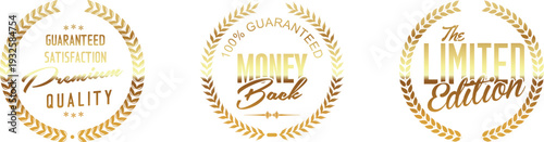 Three gold seal logos on a white background