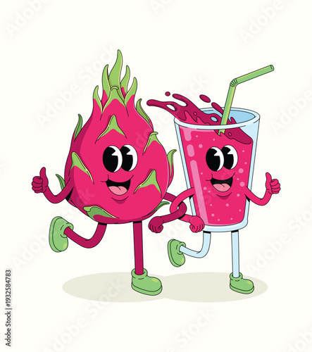 dragon fruit and drink groovy cartoon illustration