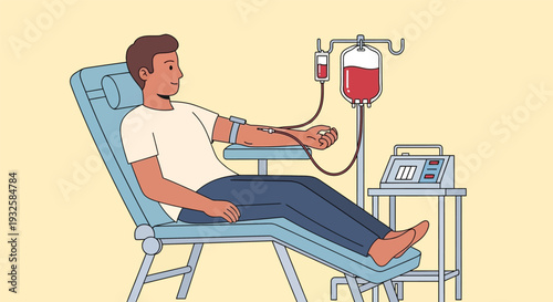 Man donating blood in medical setting for healthcare and charity needs