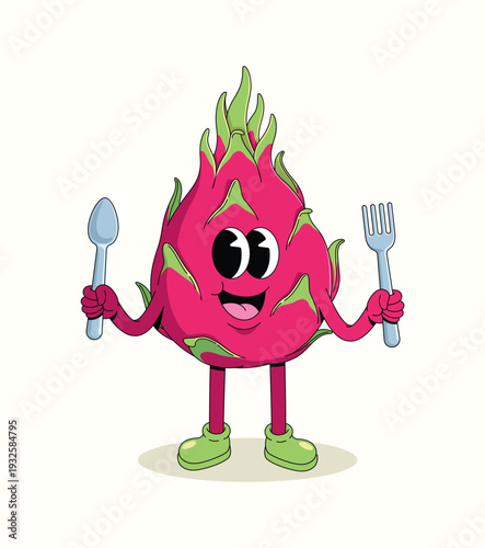 dragon fruit spoon and fork style groovy cartoon illustration