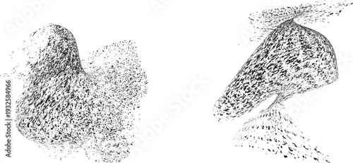 Vector particle flow formed by dynamic black textures. Organic particle shape with depth and movement. Noise texture with dynamic particle textures for design overlay.
