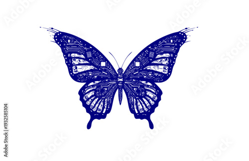 Cybernetic Butterfly Circuit Wings Silhouette, Y2K Nostalgia meets Y3K Tech Vector Sticker, Futuristic Nature Illustration