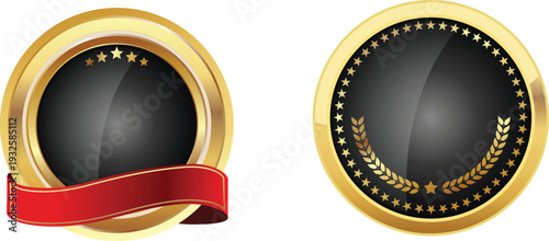 Two gold and black award badges with ribbon and laurel wreath