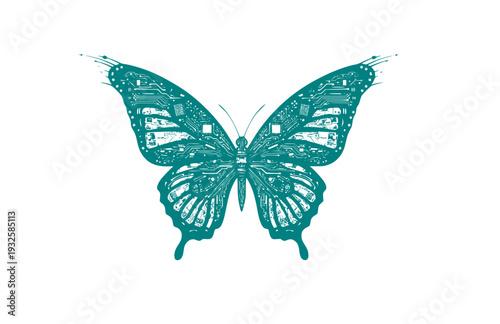 Cybernetic Butterfly Circuit Wings Silhouette, Y2K Nostalgia meets Y3K Tech Vector Sticker, Futuristic Nature Illustration