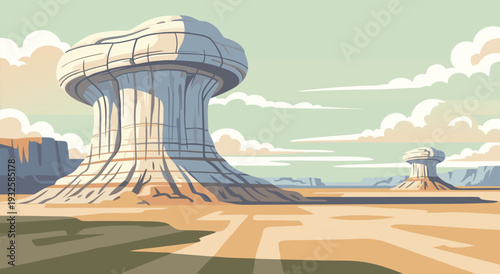Discover a Surreal Desert Landscape with Unique Rock Formations in This Vector Illustration
