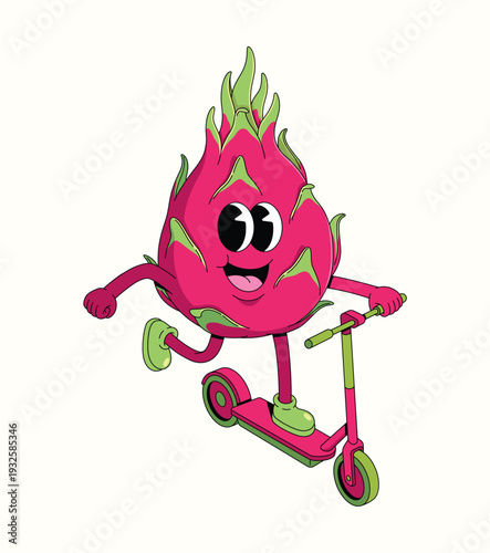 dragon fruit kick scooter groovy cartoon illustration
