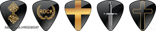 A row of black guitar picks with various designs