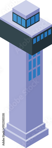 Isometric airport control tower managing air traffic, ensuring smooth and safe operations