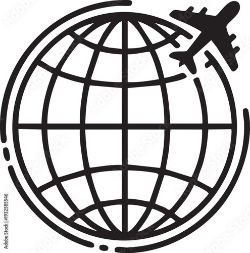 Airplane Flying Around Globe Outline Travel Icon