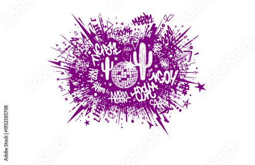 Edgy Chaos Cluster Sticker Silhouette with Disco Ball and Cactus, Maximalist Urban Vector Illustration for Laptop Decals