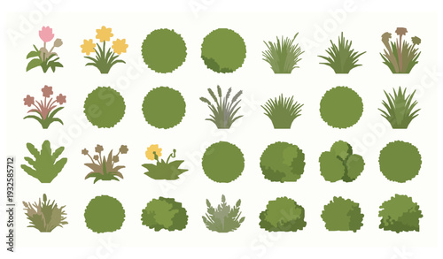 Various Flowers Grass Bushes and Small Plants Vector Set Isolated on White Background
