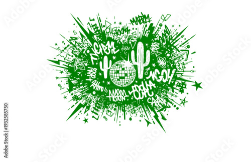 Edgy Chaos Cluster Sticker Silhouette with Disco Ball and Cactus, Maximalist Urban Vector Illustration for Laptop Decals