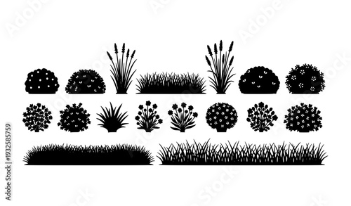 Black Silhouette Grass Shrubs and Flowering Plants Set for Landscape Design