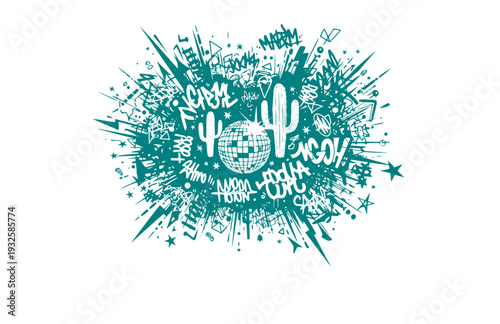Edgy Chaos Cluster Sticker Silhouette with Disco Ball and Cactus, Maximalist Urban Vector Illustration for Laptop Decals