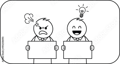 Businessman Emotion Contrast Concept Illustration Showing Angry and Happy Characters Holding Blank Sign Boards with Idea Lightbulb Symbol in Minimal Line Art Vector Style