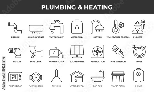 Plumbing and heating icon set. Contains line icons related to pipe, shower, pipe wrench, bathtub, plumber, and more.