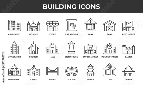 Building icon set. Contains line icons related to apartment, store, mall, mosque, church, and more.
