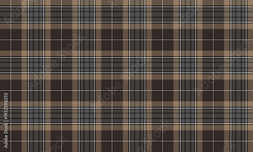 Seamless plaid fabric in brown, beige, dark grey, and white, suitable for fashion, backgrounds, graphic design, and all types of textile design.