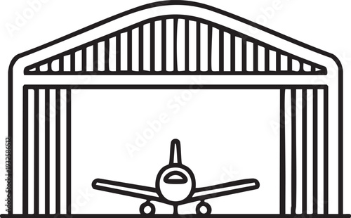 Small Airplane Inside Hangar Simple Line Drawing