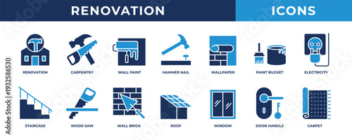 Renovation icon set. Contains blue icons related to carpentry, wall paint, roof, window, electricity, and more.