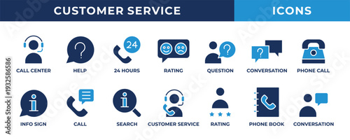 Customer service icon set. Contains blue icons related to call center, help, question, call, rating, and more.