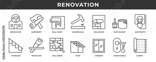Renovation icon set. Contains line icons related to carpentry, wall paint, roof, window, electricity, and more.