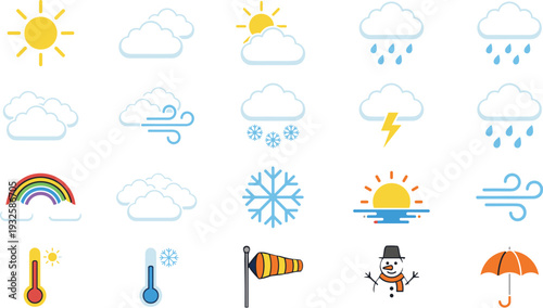Colorful Weather Icon Set Flat Symbols Sun Cloud Rain Snow Wind Temperature Vector Collection