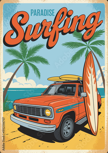 Vintage Surfing Poster Featuring SUV Car on Beautiful Tropical Beach, Retro Style Vector Illustration for Summer Travel, Coastal Adventure and Surf Lifestyle Design Projects